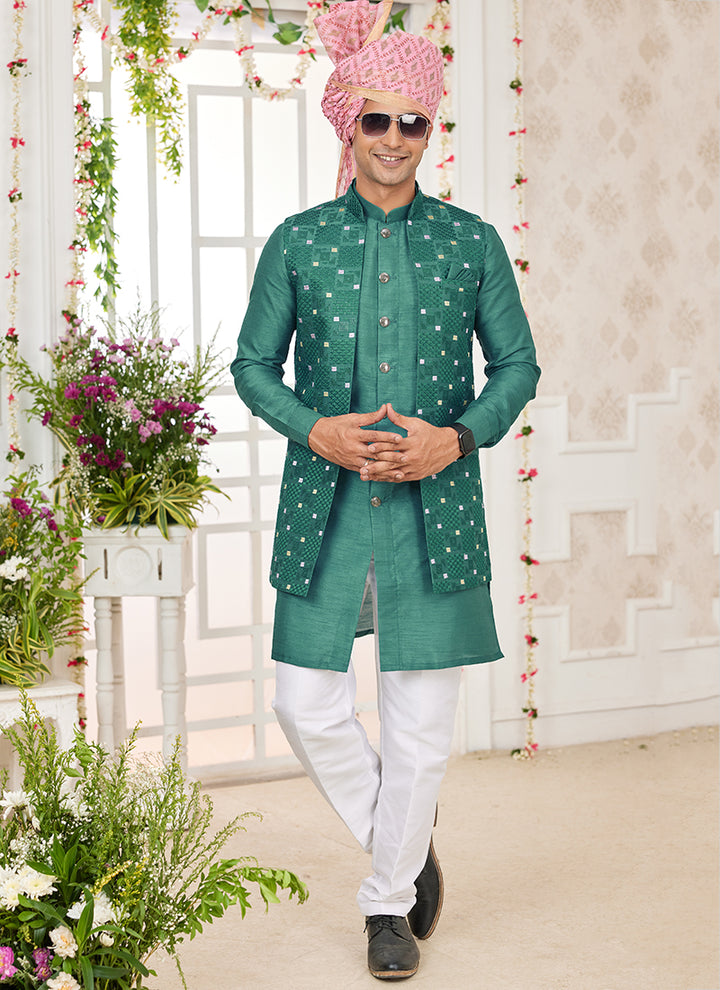 Art Banarasi Silk Green Wedding Wear Pattern Work Readymade Indo Weartern Sherwani
