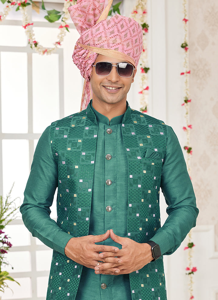 Art Banarasi Silk Green Wedding Wear Pattern Work Readymade Indo Weartern Sherwani