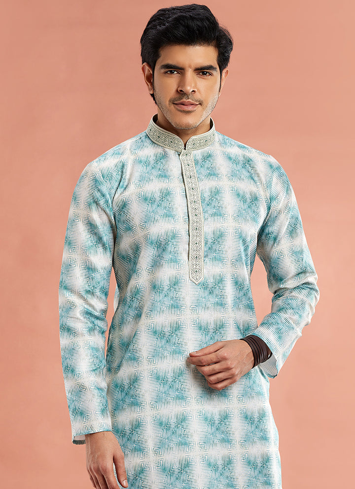 Art Cotton Silk Green Traditional Wear Thread Work Kurta Pajama