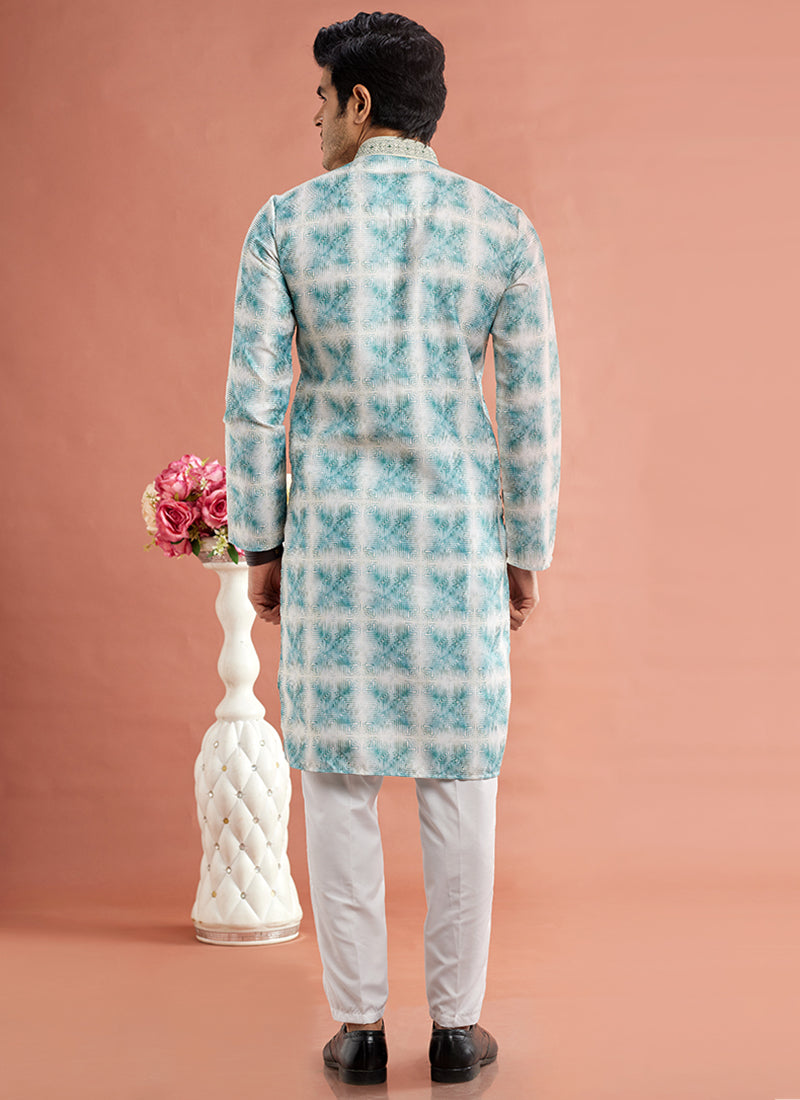 Art Cotton Silk Green Traditional Wear Thread Work Kurta Pajama