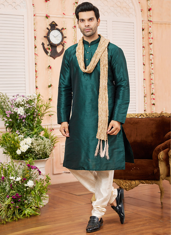 Art Silk Green Festival Wear Plain Readymade Kurta Pajama