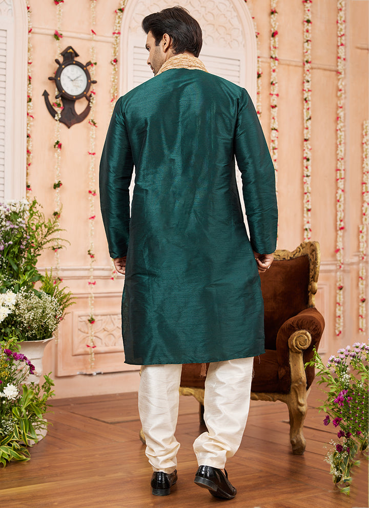 Art Silk Green Festival Wear Plain Readymade Kurta Pajama