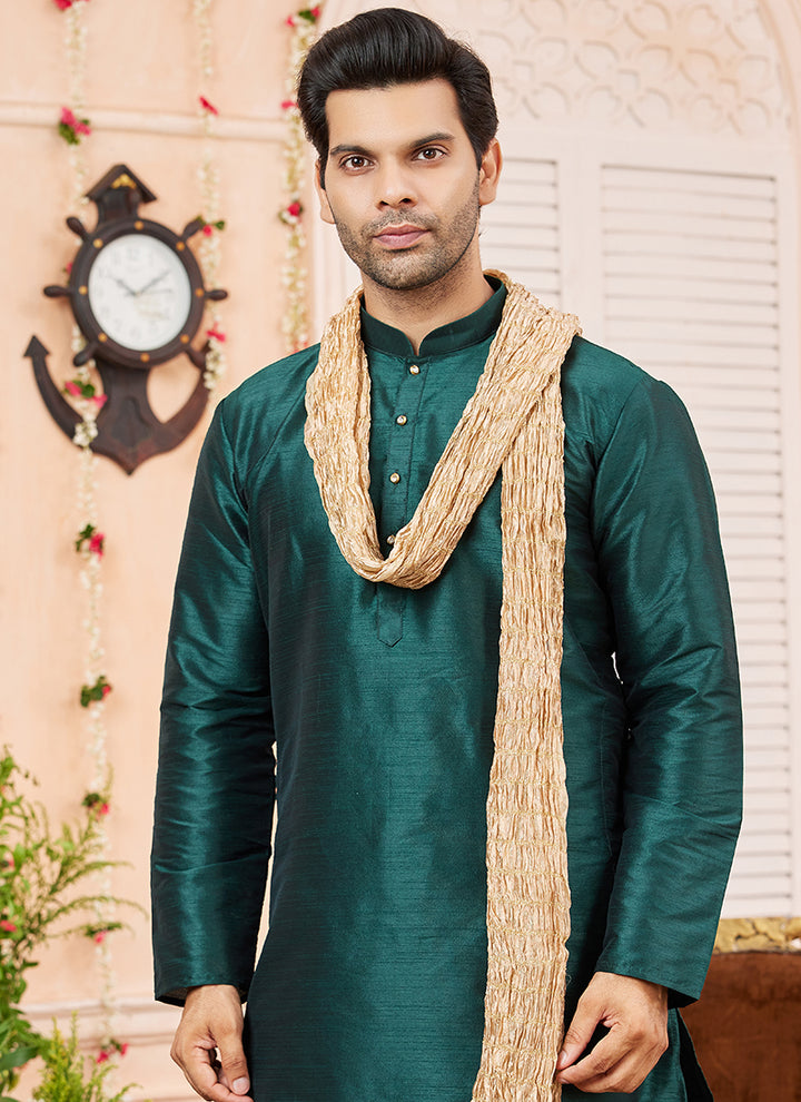 Art Silk Green Festival Wear Plain Readymade Kurta Pajama