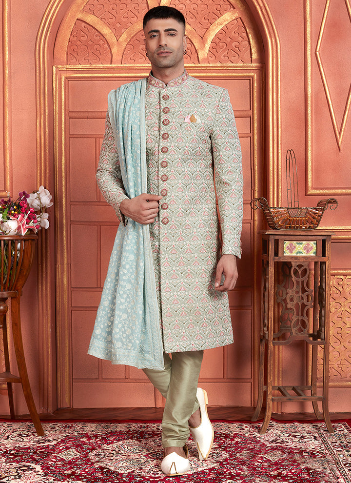 Art Silk Green Wedding Wear Embroidery Work Readymade Groom Sherwani