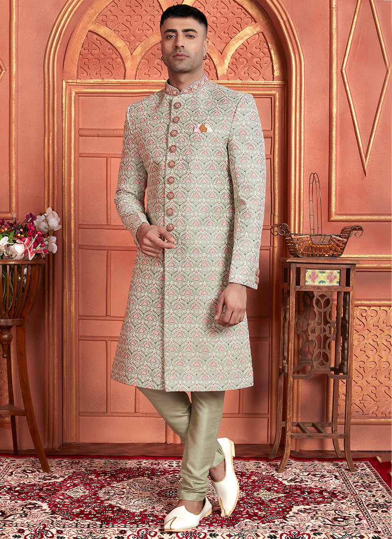 Art Silk Green Wedding Wear Embroidery Work Readymade Groom Sherwani