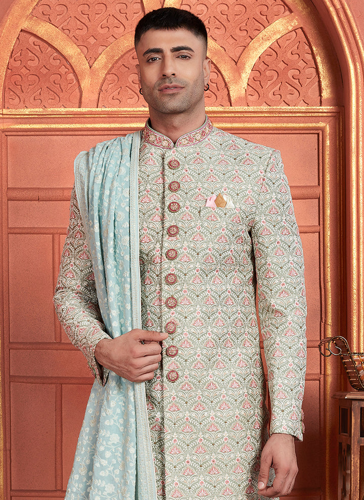Art Silk Green Wedding Wear Embroidery Work Readymade Groom Sherwani