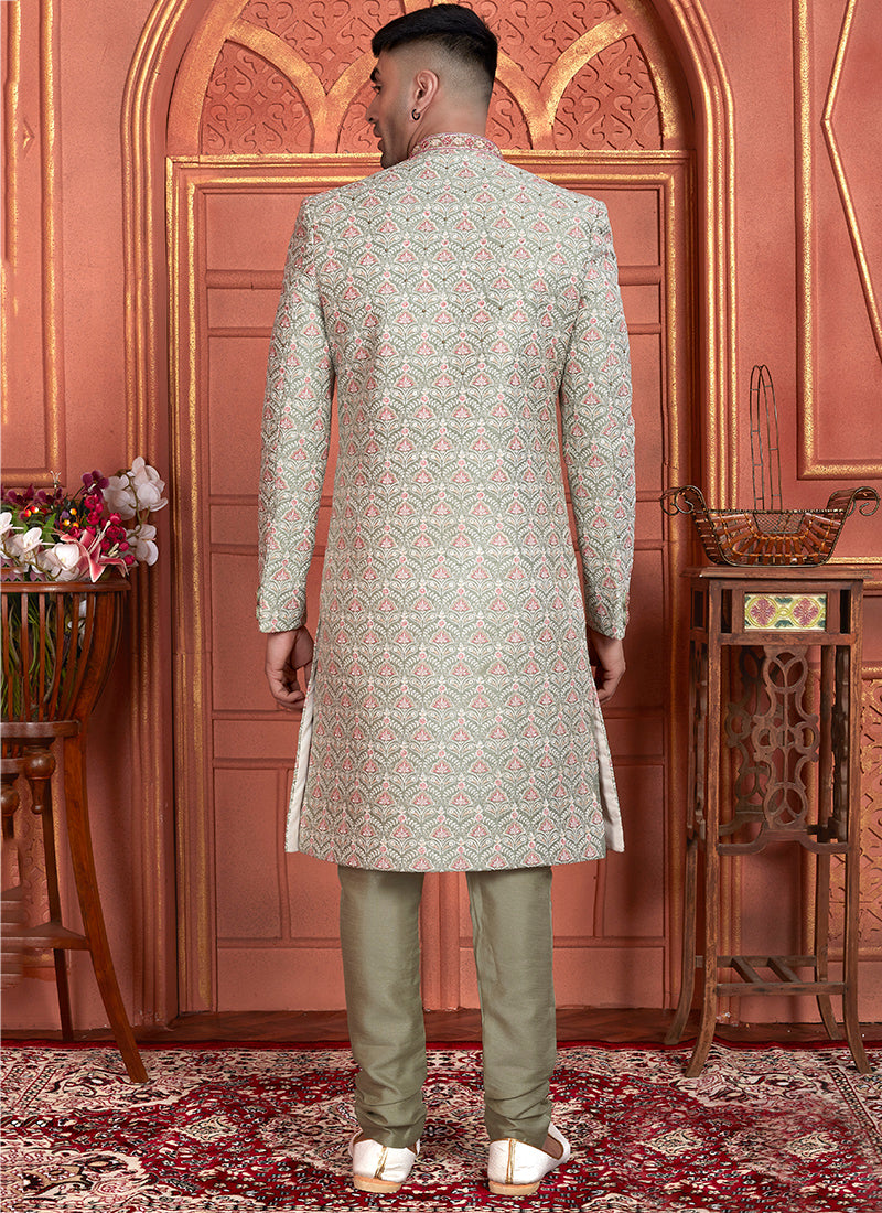 Art Silk Green Wedding Wear Embroidery Work Readymade Groom Sherwani