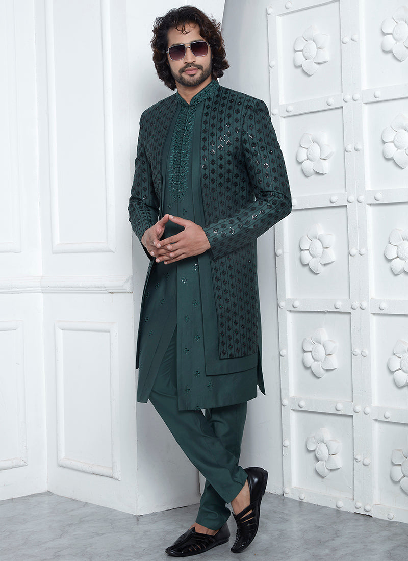 Art Silk Green Wedding Wear Embroidery Work Readymade Sherwani