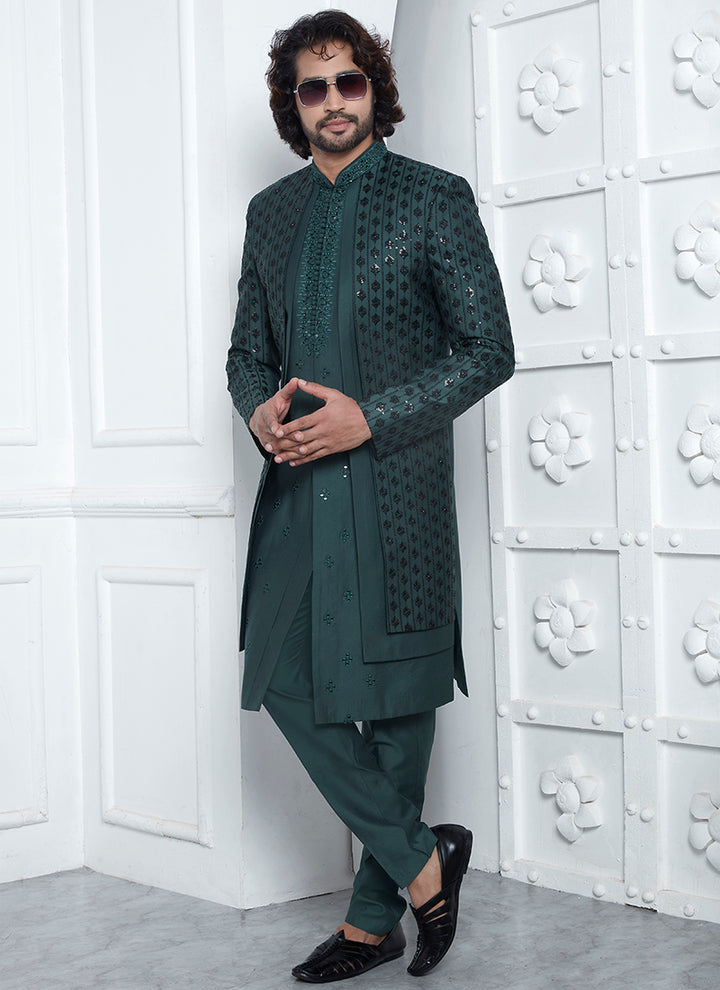 Art Silk Green Wedding Wear Embroidery Work Readymade Sherwani