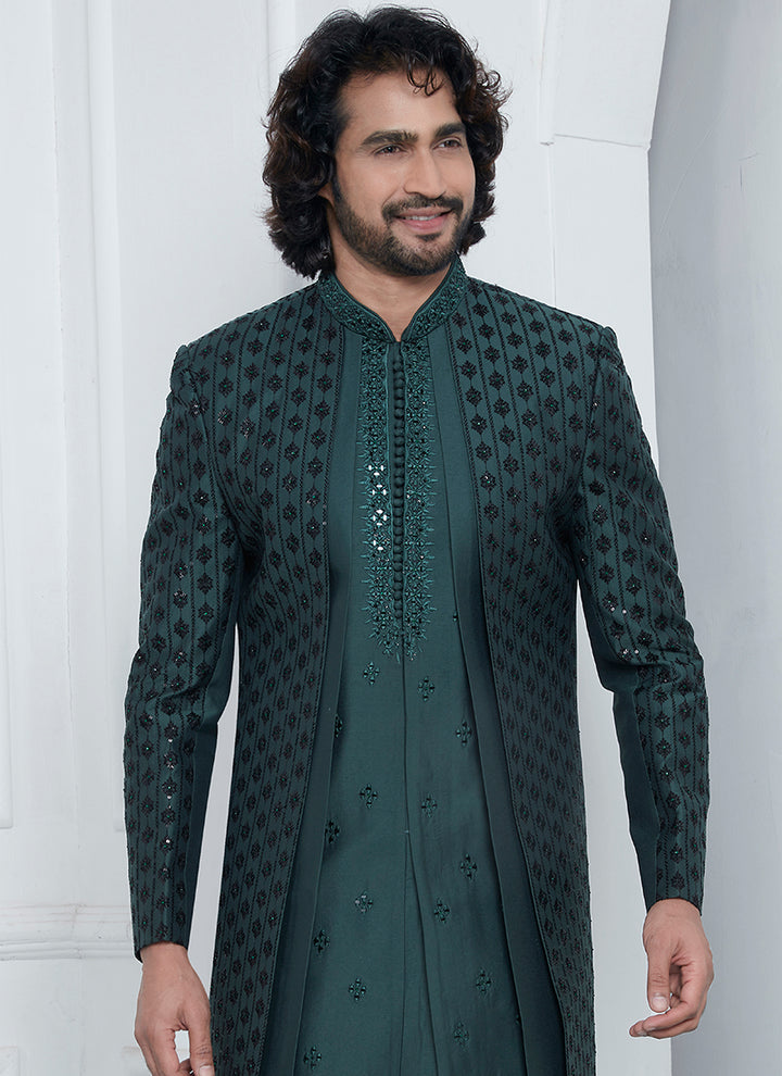 Art Silk Green Wedding Wear Embroidery Work Readymade Sherwani