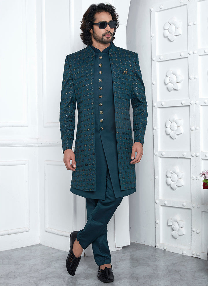 Art Silk Green Wedding Wear Pattern Pc Readymade Sherwani