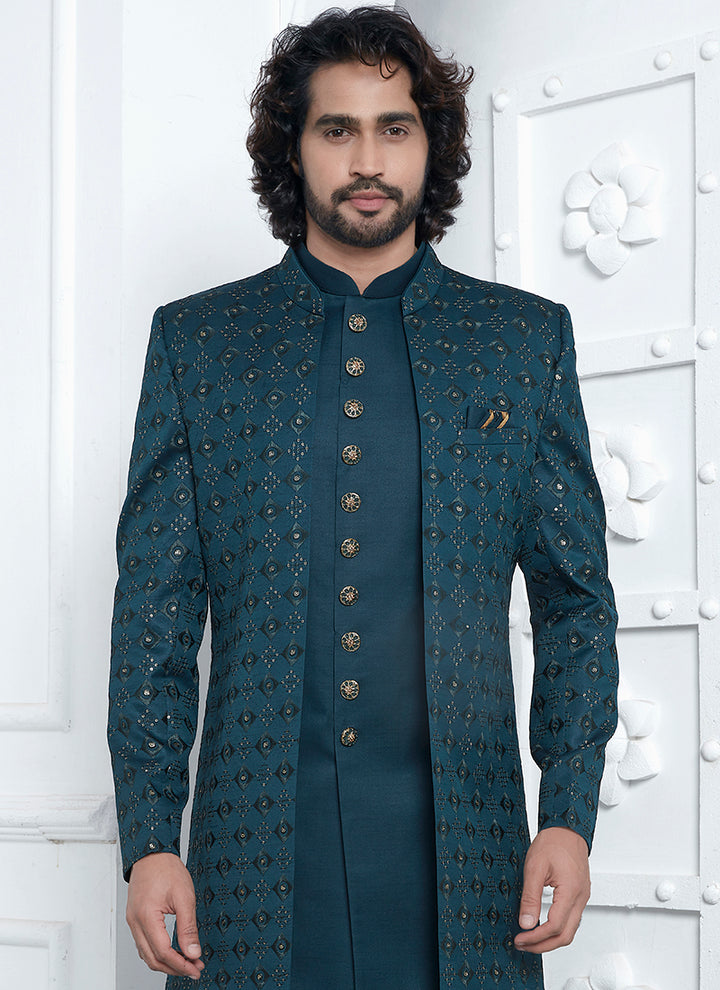 Art Silk Green Wedding Wear Pattern Pc Readymade Sherwani