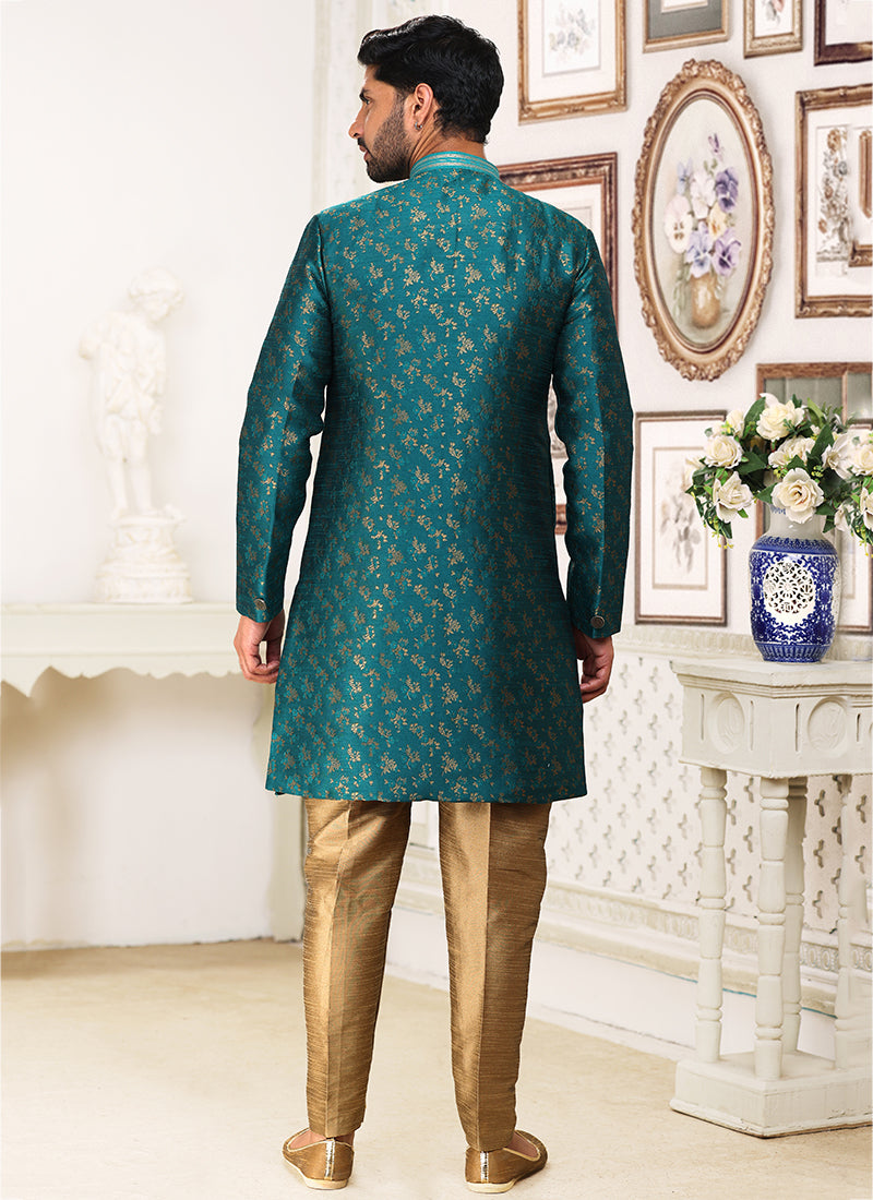 Green Banarasi Jacquard Festival Wear Weaving Indo Western