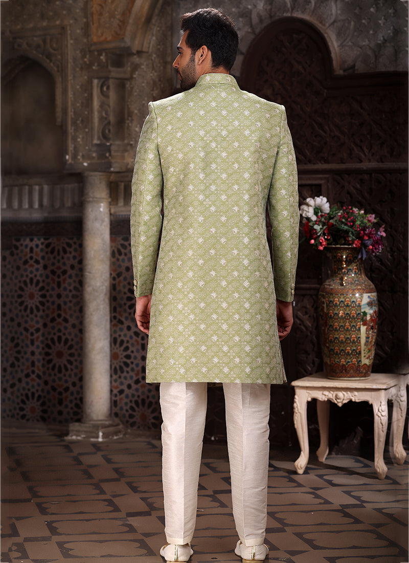 Green Banarasi Jacquard Reception Wear Weaving Mens Indo Western