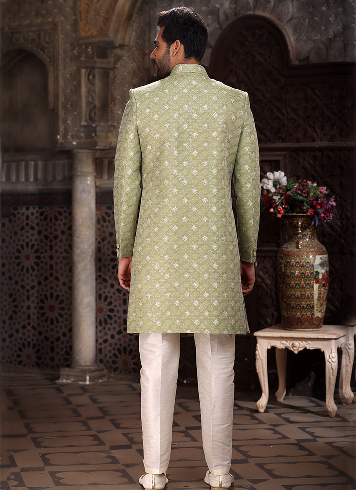 Green Banarasi Jacquard Reception Wear Weaving Mens Indo Western