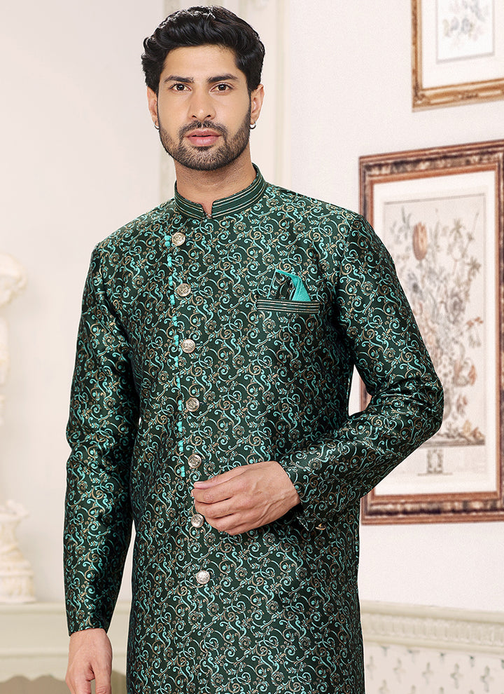 Green Banarasi Jacquard Wedding Wear Weaving Indo Western Sherwani