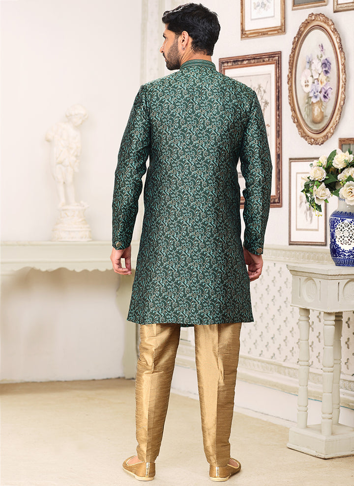 Green Banarasi Jacquard Wedding Wear Weaving Indo Western Sherwani