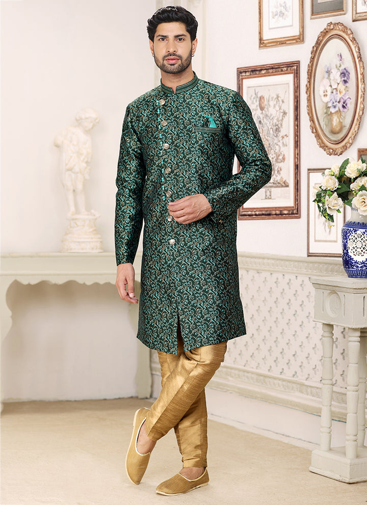 Green Banarasi Jacquard Wedding Wear Weaving Indo Western Sherwani