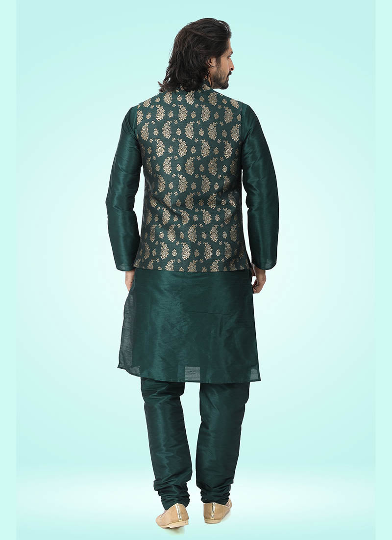 Green Banarasi Silk Traditional Wear Jacquard Kurta Pajama With Jacket