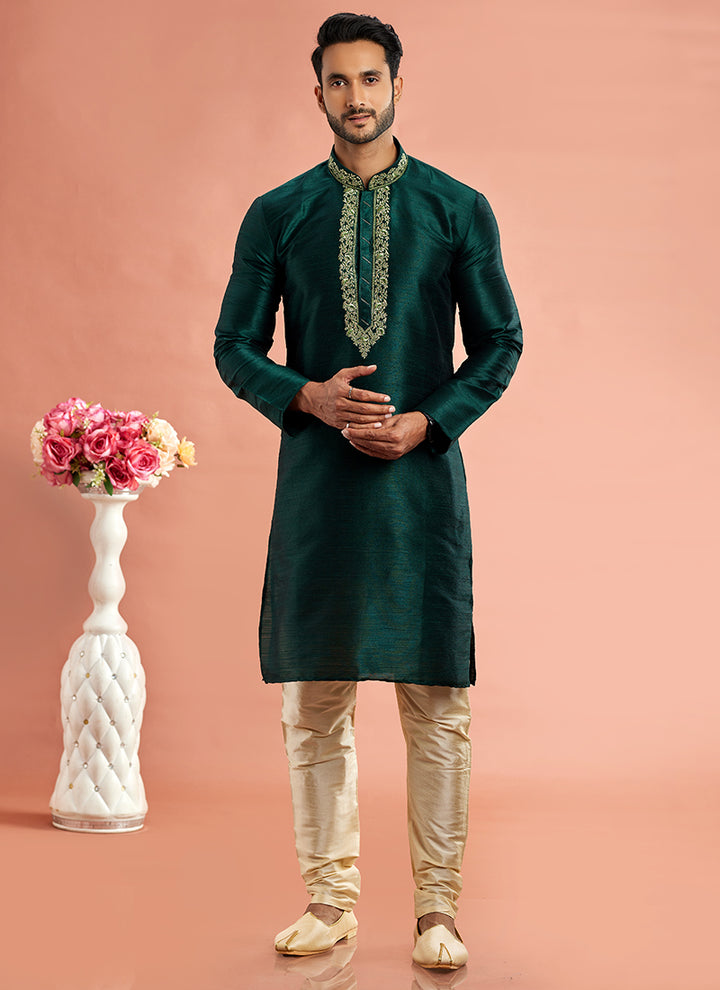 Banarasi Art Silk Green Festival Wear Machine Work Readymade Kurta Pajama