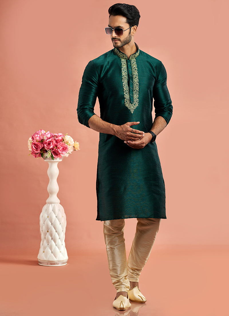 Banarasi Art Silk Green Festival Wear Machine Work Readymade Kurta Pajama