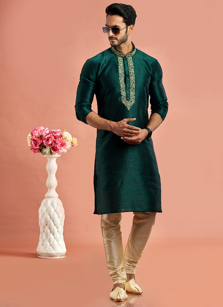 Banarasi Art Silk Green Festival Wear Machine Work Readymade Kurta Pajama