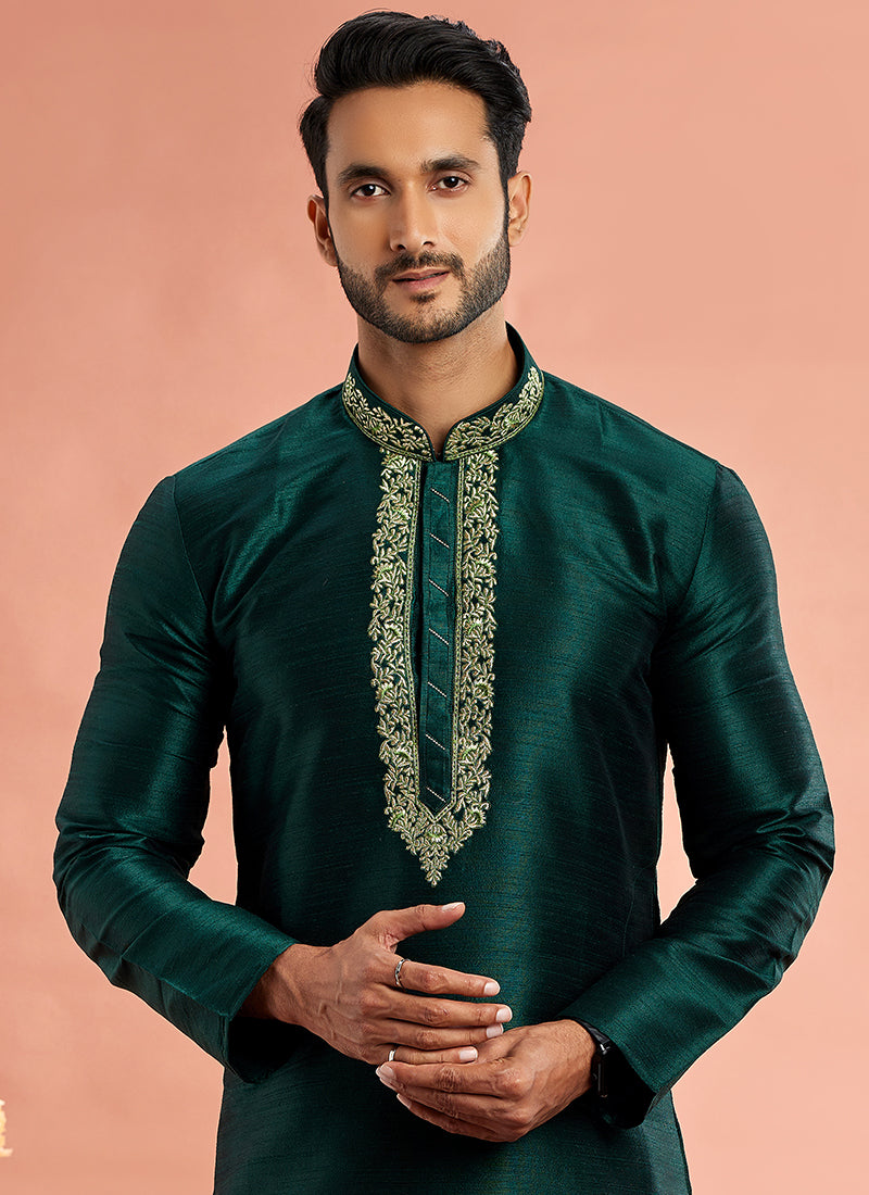 Banarasi Art Silk Green Festival Wear Machine Work Readymade Kurta Pajama