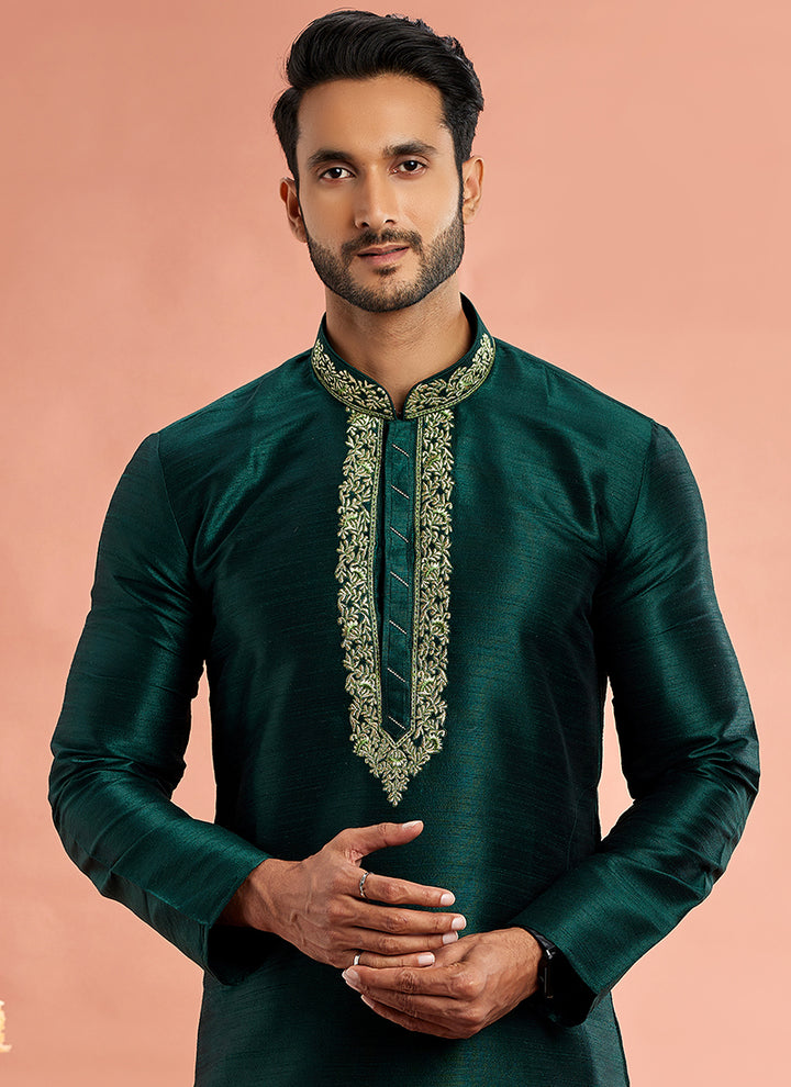 Banarasi Art Silk Green Festival Wear Machine Work Readymade Kurta Pajama