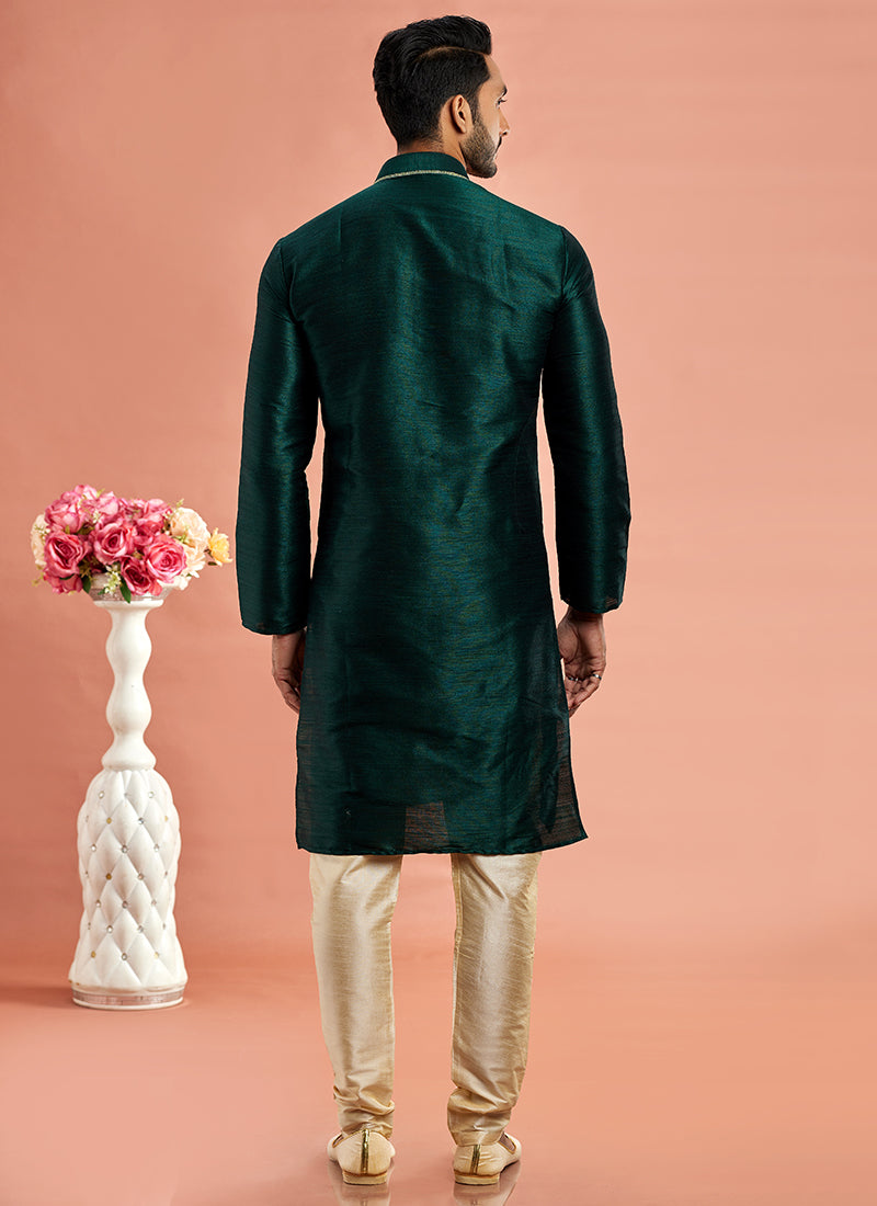 Banarasi Art Silk Green Festival Wear Machine Work Readymade Kurta Pajama