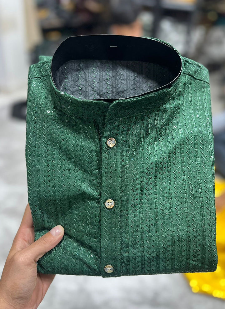 Banglori Silk Green Traditional Wear Embroidery Work Readymade Kurta Pyjama