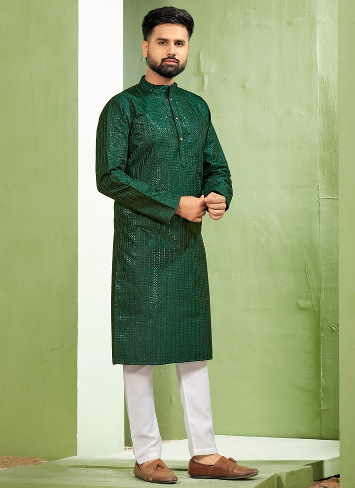 Banglori Silk Green Traditional Wear Embroidery Work Readymade Kurta Pyjama