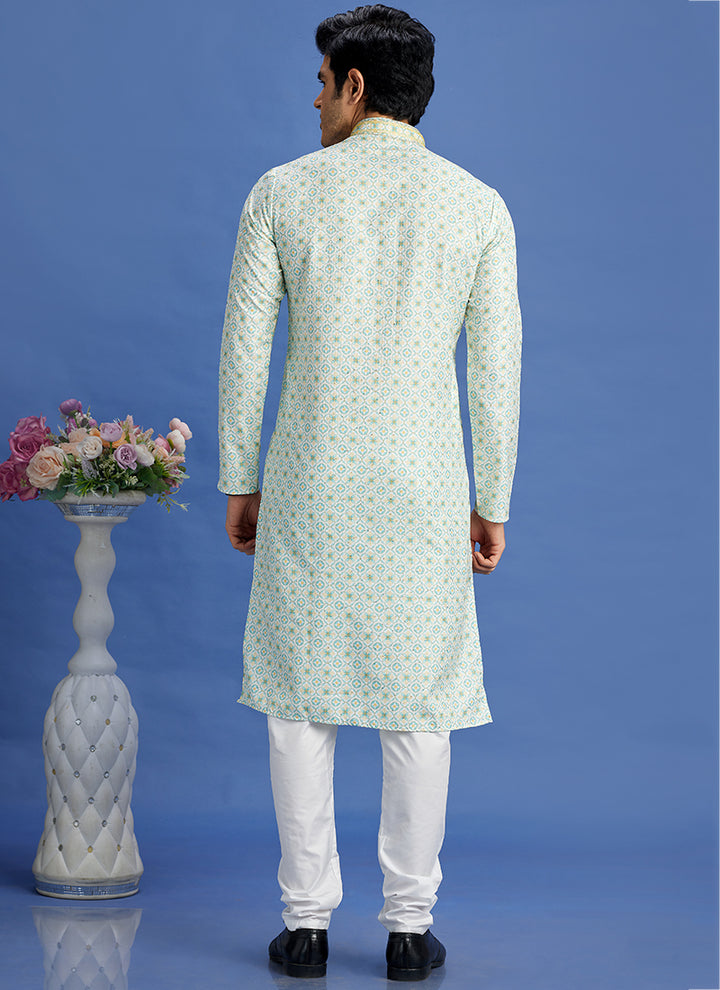Cotton Green Festival Wear Embroidery Work Kurta Pajama