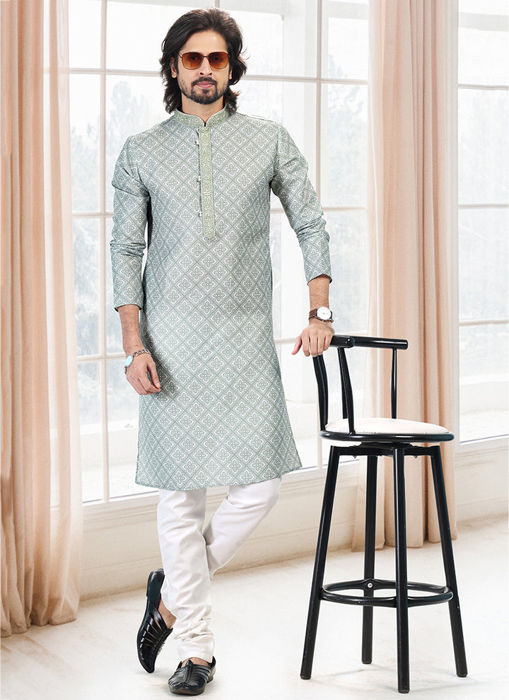 Green Cotton Traditional Wear Thread Work Kurta Pajama