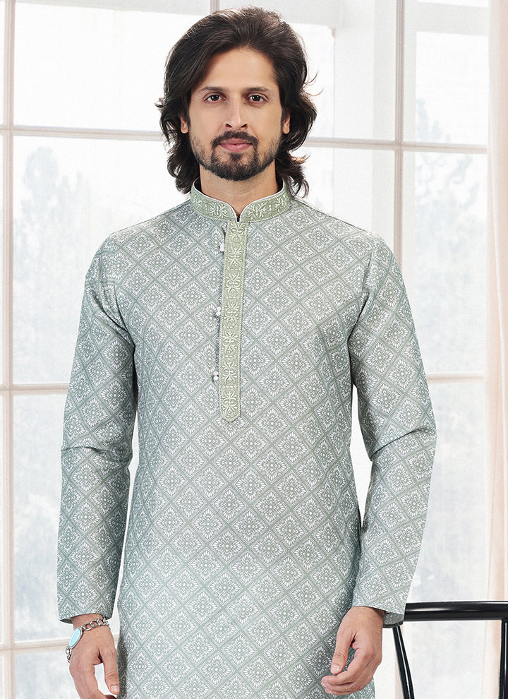 Green Cotton Traditional Wear Thread Work Kurta Pajama