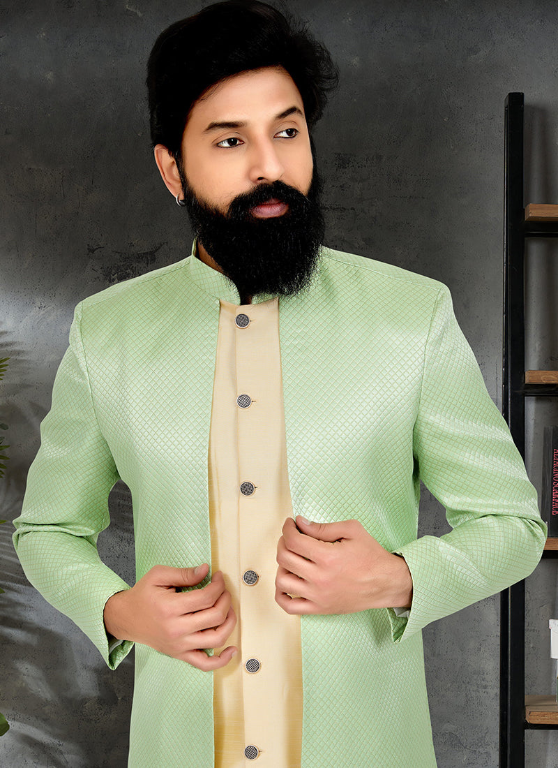 Green Gold Brocade Jacquard Banarasi Dhupion Wedding Wear Embroidery Work Mens Indo Western