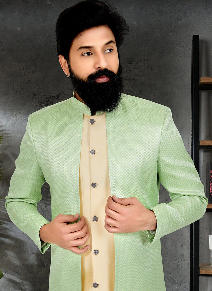 Green Gold Brocade Jacquard Banarasi Dhupion Wedding Wear Embroidery Work Mens Indo Western