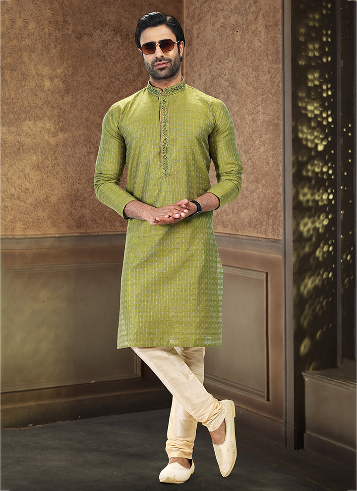 Green Jacquard Art Silk Festival Wear Thread Work Kurta Pajama