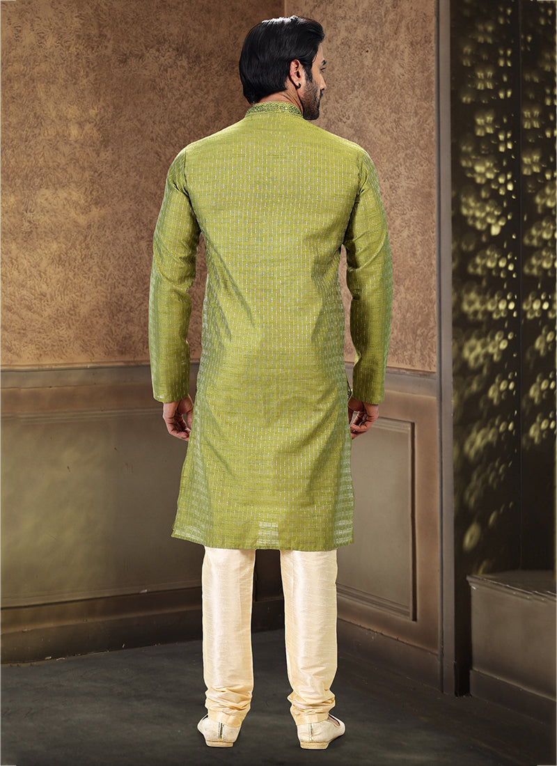 Green Jacquard Art Silk Festival Wear Thread Work Kurta Pajama
