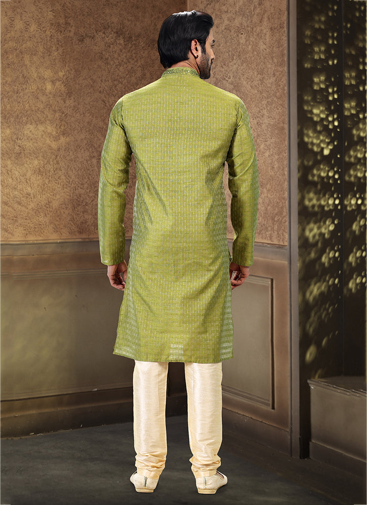 Green Jacquard Art Silk Festival Wear Thread Work Kurta Pajama