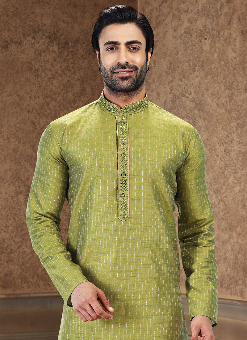 Green Jacquard Art Silk Festival Wear Thread Work Kurta Pajama