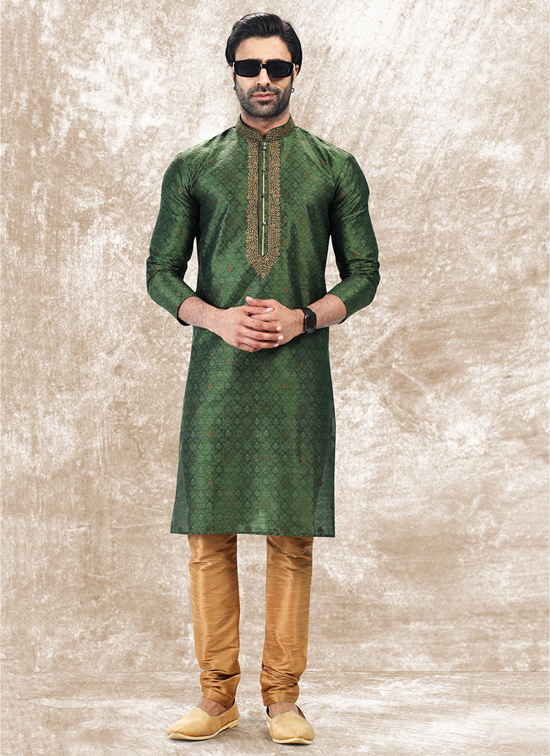 Green Jacquard Brocade Silk Traditional Wear Thread Work Kurta Pajama