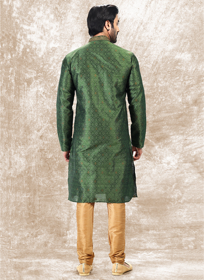 Green Jacquard Brocade Silk Traditional Wear Thread Work Kurta Pajama