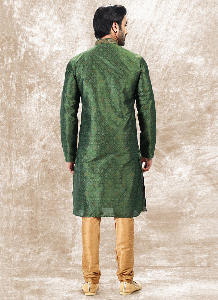 Green Jacquard Brocade Silk Traditional Wear Thread Work Kurta Pajama