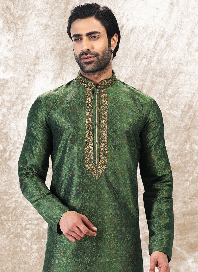 Green Jacquard Brocade Silk Traditional Wear Thread Work Kurta Pajama