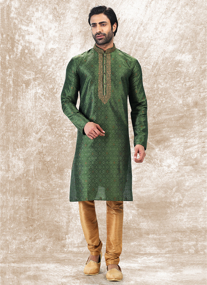 Green Jacquard Brocade Silk Traditional Wear Thread Work Kurta Pajama