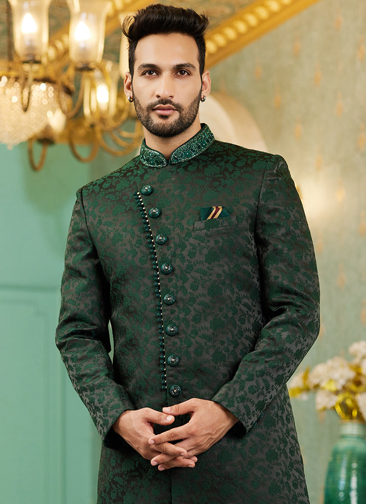 Green Jacquard Silk Wedding Wear Hand Work IndoWestern