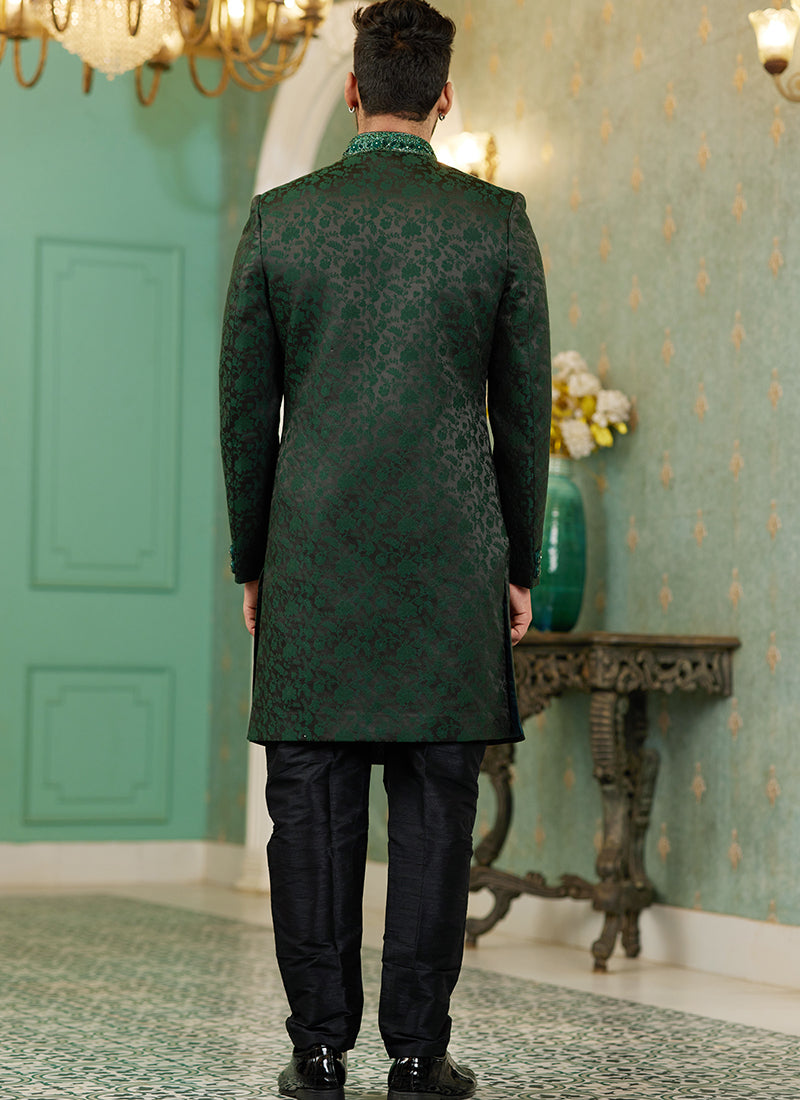 Green Jacquard Silk Wedding Wear Hand Work IndoWestern