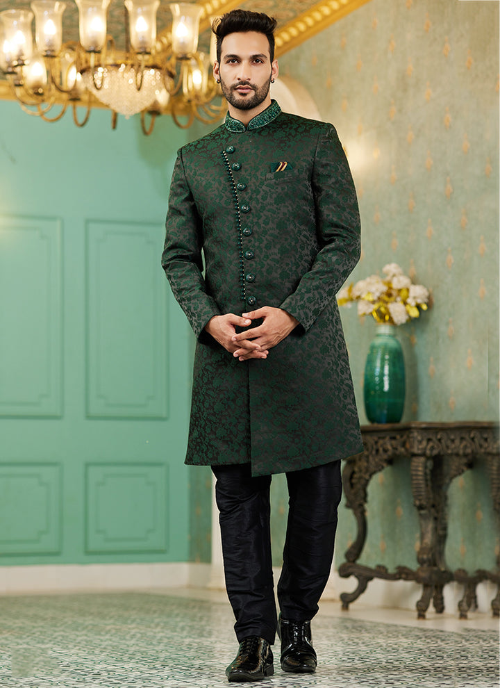 Green Jacquard Silk Wedding Wear Hand Work IndoWestern