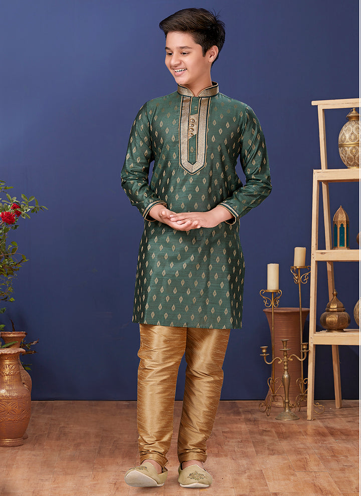 Jacquard Silk Green Wedding Wear Weaving Readymade Kurta Pajama