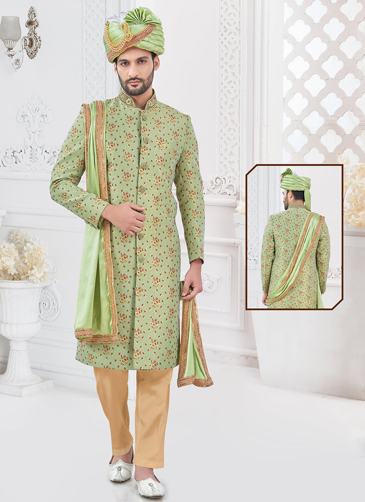 Jacquard Silk Green Groom Wear Hand Work Readymade Sherwani With Turban